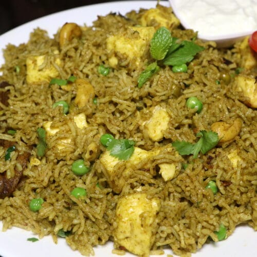 Palak Pulao with Paneer and Green Peas