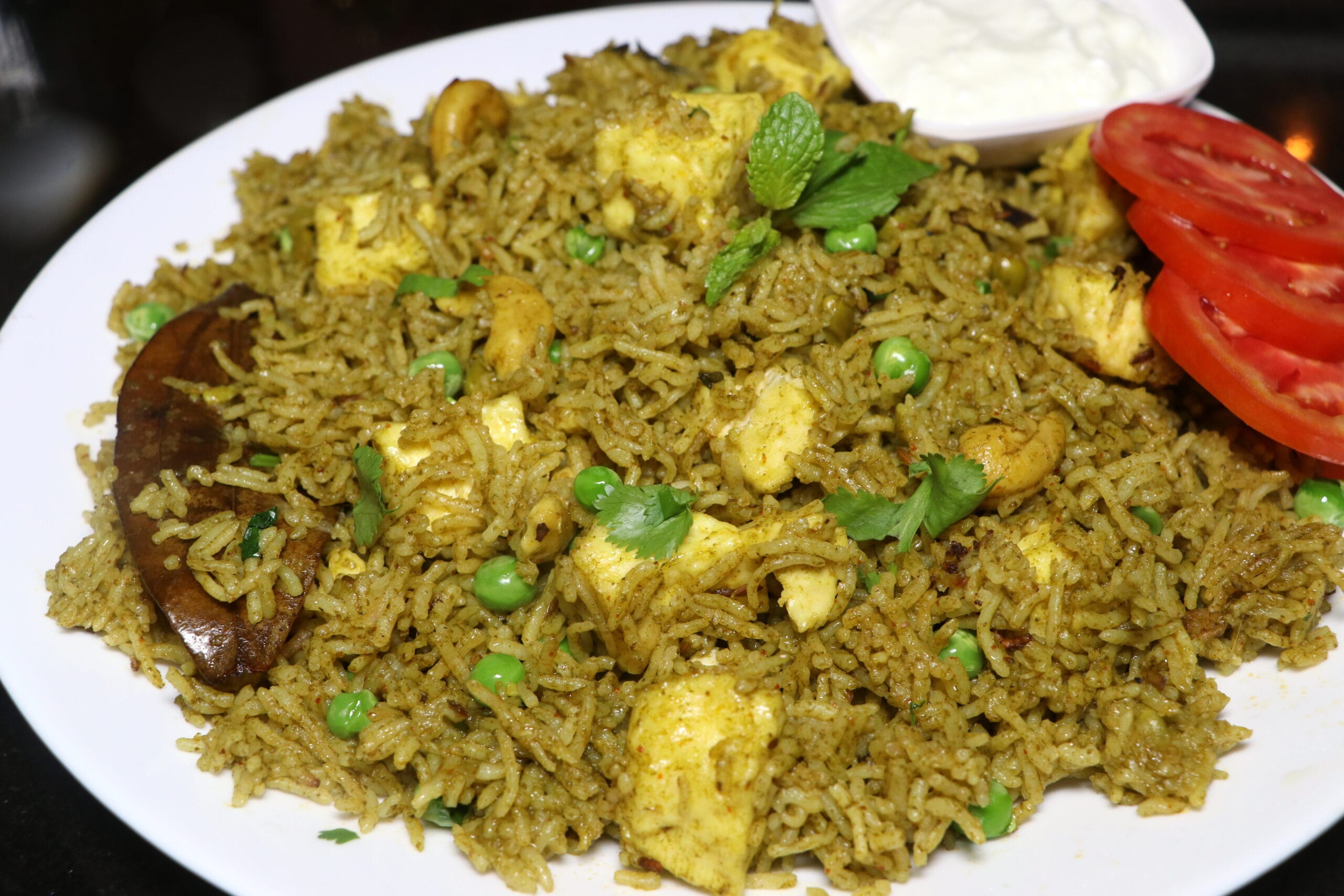 Palak Pulao with Paneer and Green Peas