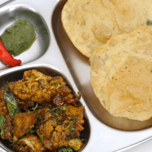 Achari Aloo Gobi with Ajwain Poori
